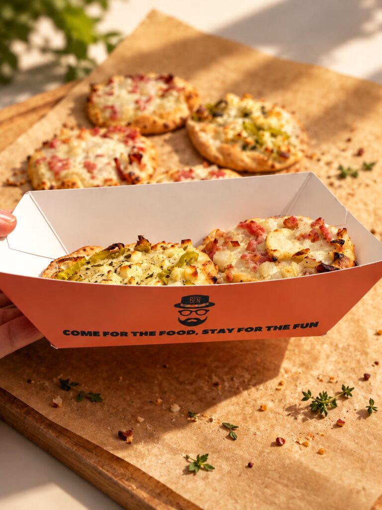Mini-Pizzen im stilvollen Snackkarton