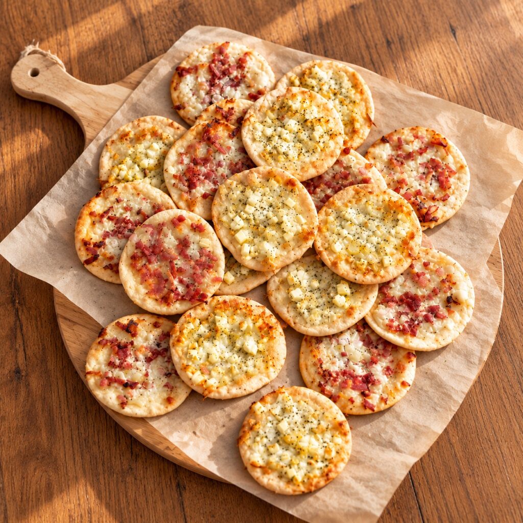 Rustikale Mini-Flammkuchen auf Holzbrett